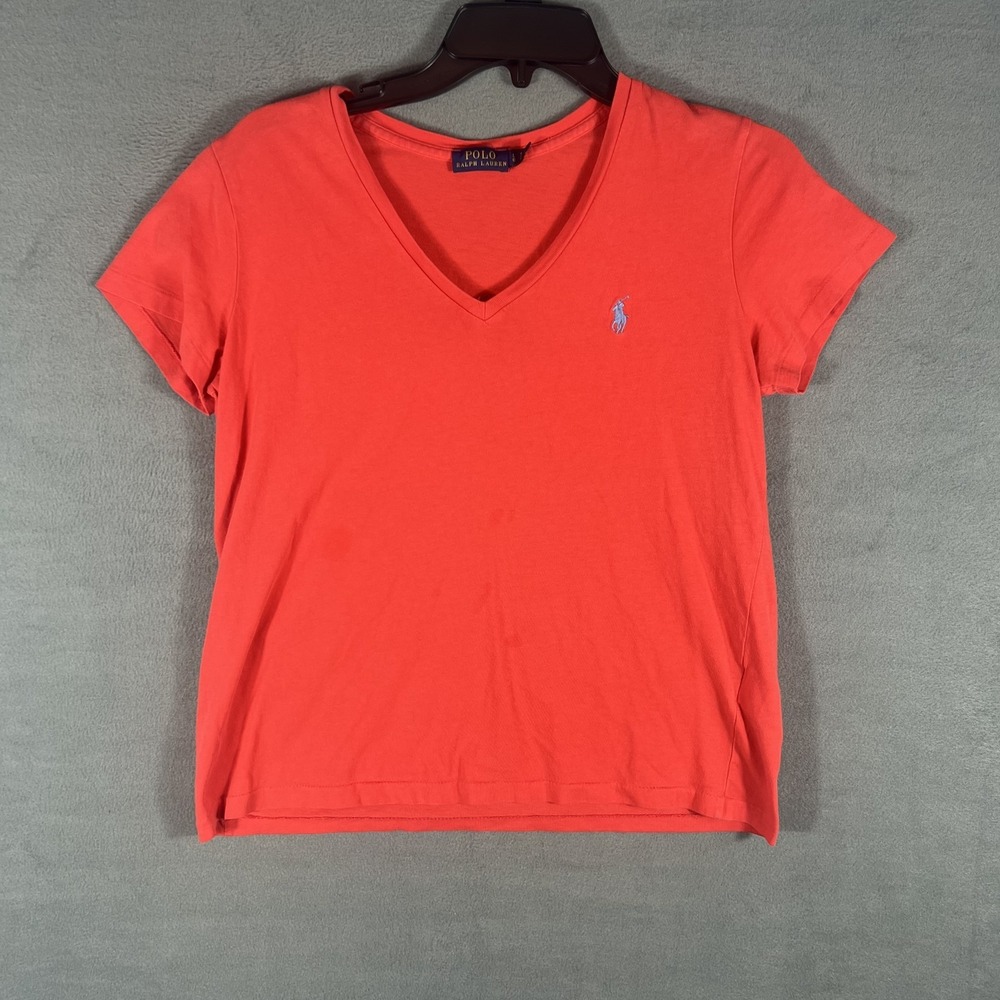 Polo Ralph Lauren Women's‎ Coral V-Neck Short Sleeve T-Shirt Top Size L Cotton